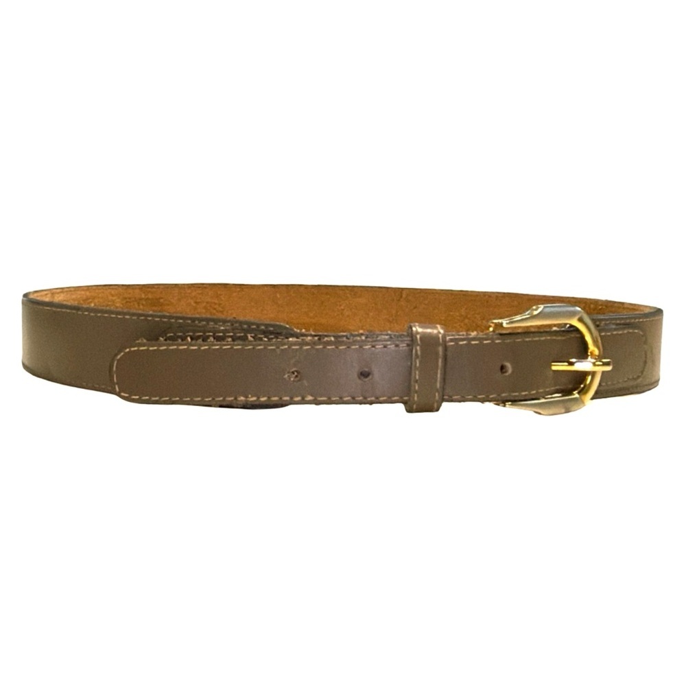 Women’s Taupe Gray Leather Belt | Gold Buckle | Classic Dress Belt | 32” x 1”